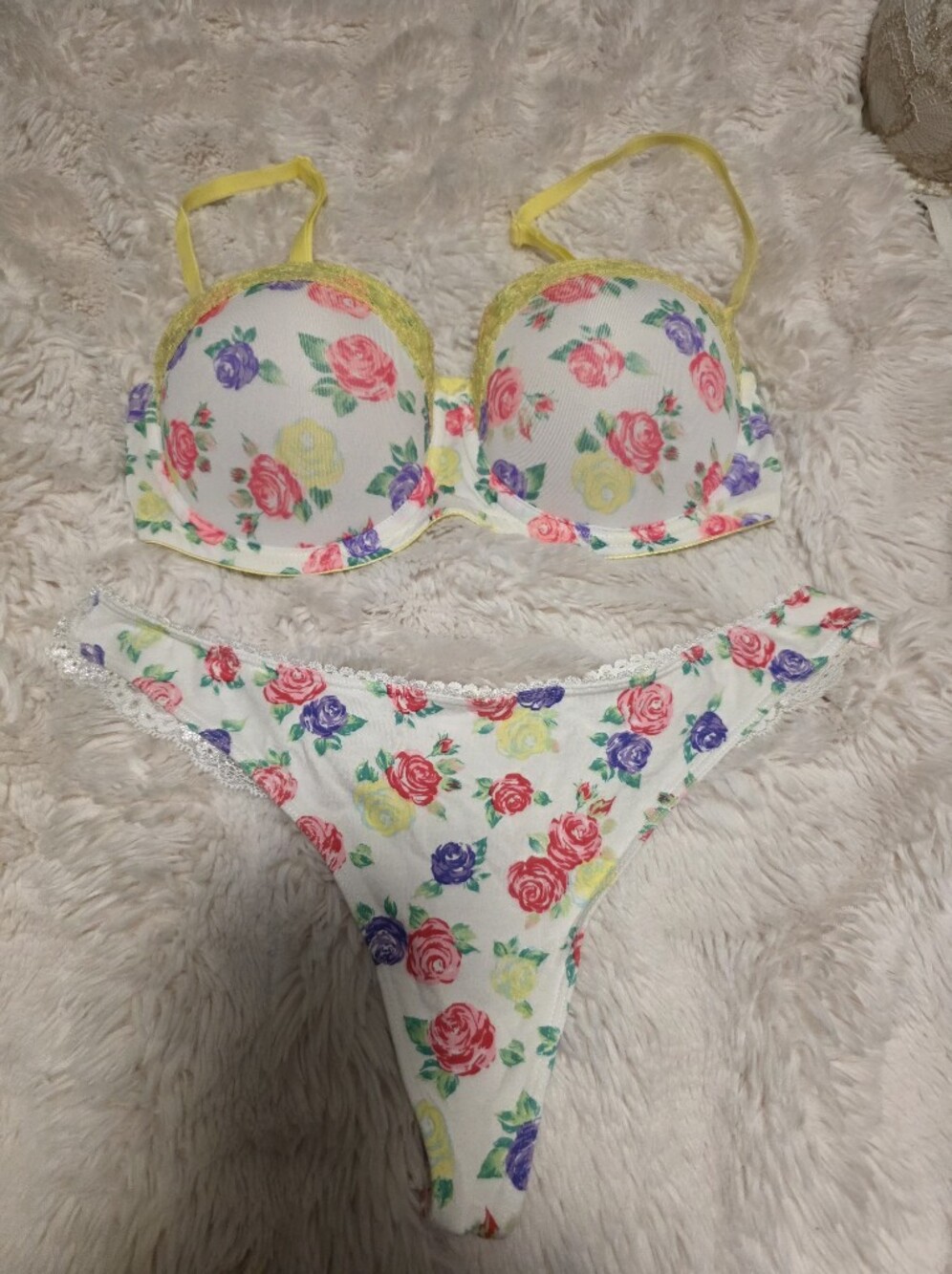 Material Girl White Floral Bra & Bikini Set with Pink Yellow & Purple Roses